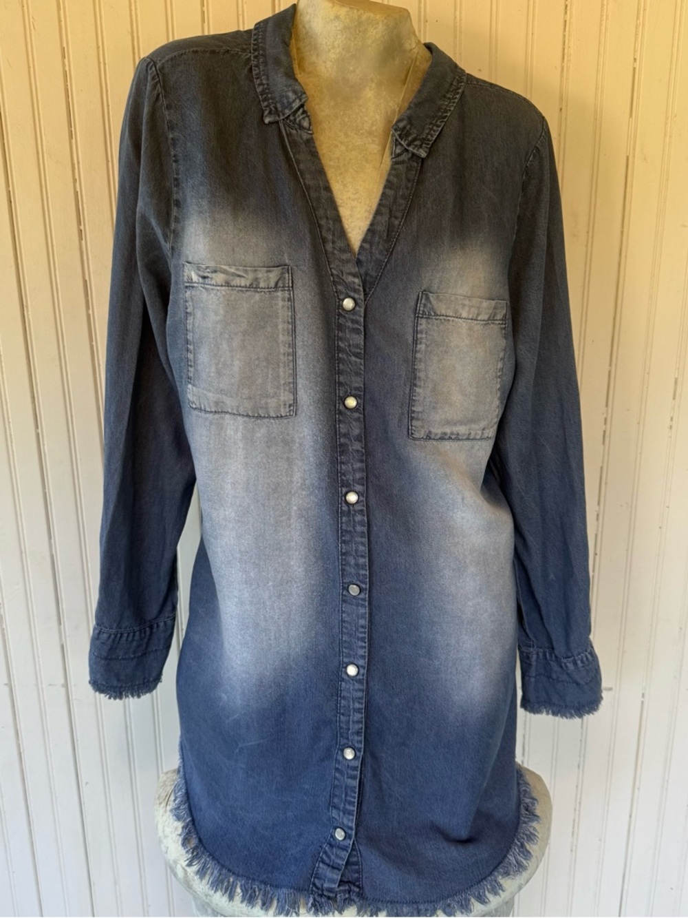 Zenana Denim Women’s Large Western Shirt Dress Hi-Lo Fringe Pearl Snap Top